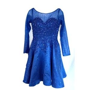 Hebeos Womens Saphire Blue Sequened Embroidered Long Sleeves Mini Dress Size 8